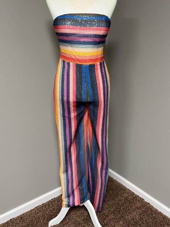Jovani Pants - Jovani Multicolor Strapless Stripe Jumpsuit - Blue, Pink, Yellow